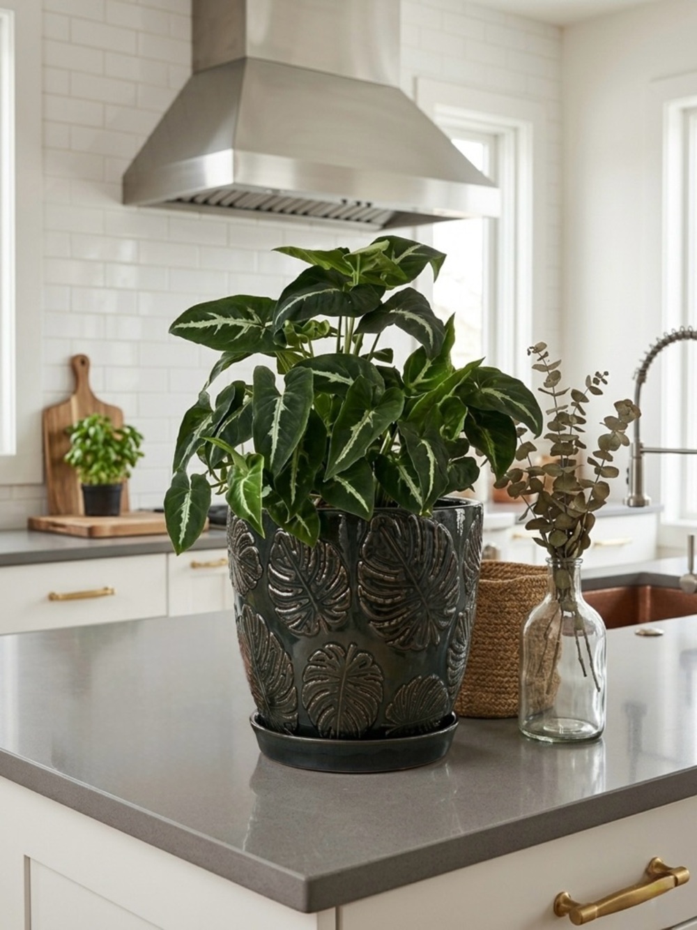 7 Inch Monstera Leaf Ceramic Planter with Saucer - Dark Green Tropical Embossed